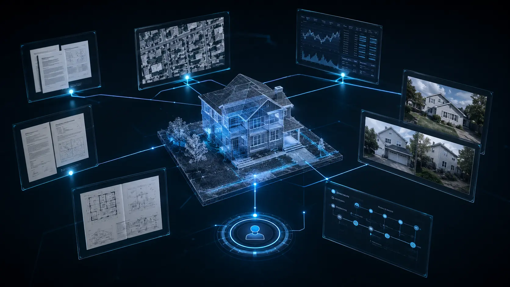 Property model connected to documents, imagery, financial information, workflow, and a human review point